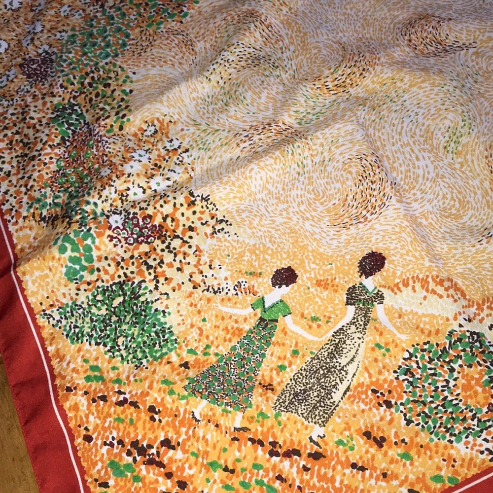 Scenic Printed Square Scarf in Coral, Green & Cream‎